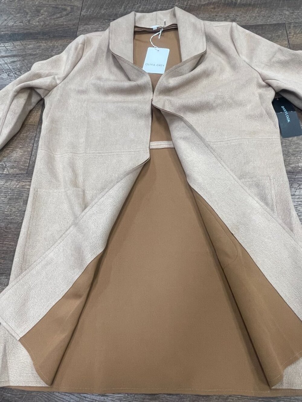 Olivia Grey XL Camel Textured Long Open Front Coat NWT Flaw - Picture 8 of 13